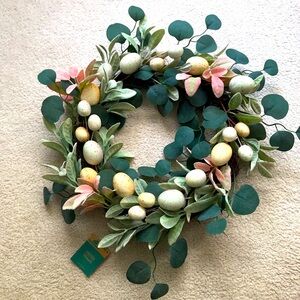 NWT Spring Easter Egg Wreath with Greenery & Pink Accents – 22”